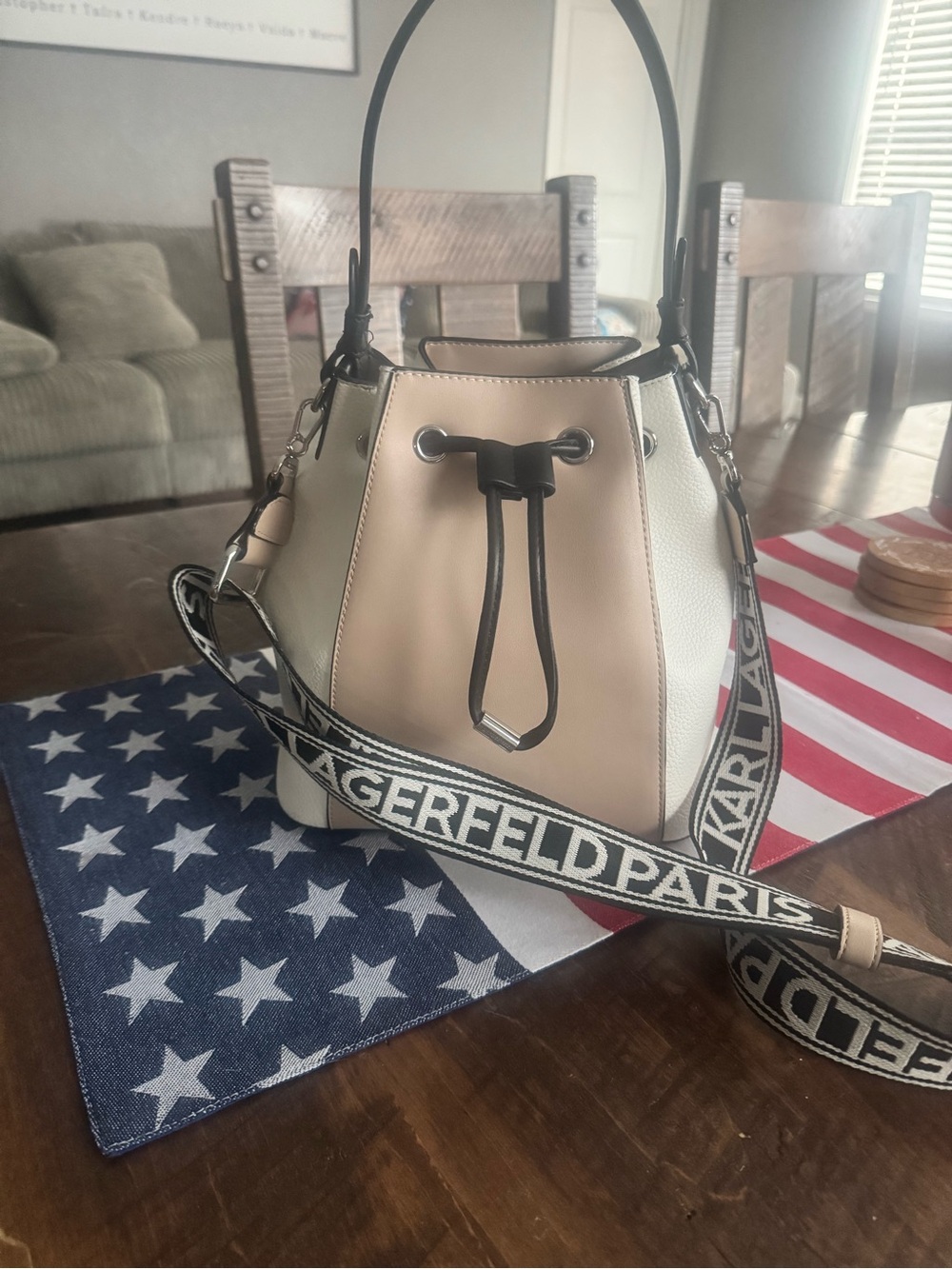 Karl Lagerfeld Beige and Cream Drawstring Bucket Bag with Logo Strap